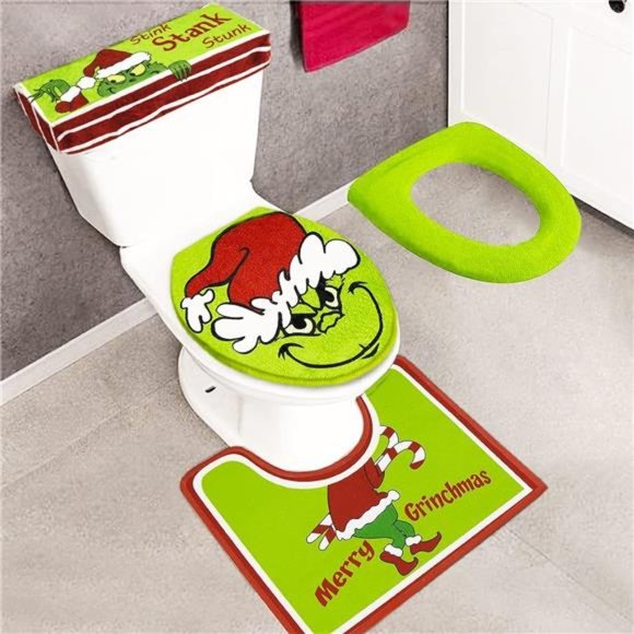 Set of 4 Grinch Decor Toilet Seat Cover and Rug for Indoor Home Red - Green - Picture 5 of 6